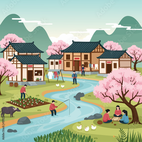 premium vector of Chinese village life illustration