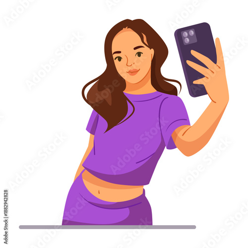 Confident young woman wearing purple clothes holding smartphone for selfie, flat art style, isolated white backdrop. Concept of self-portrait. Vector illustration