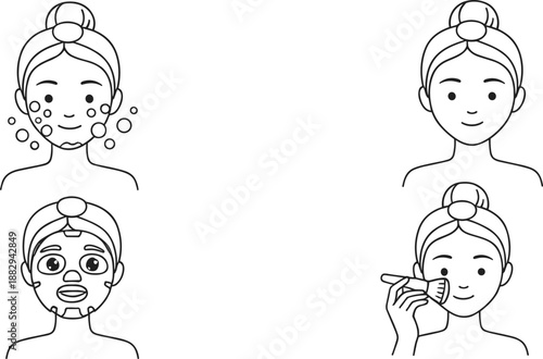 Skincare routine line illustration showing facial cleansing treatment steps beauty care and healthy skin concept