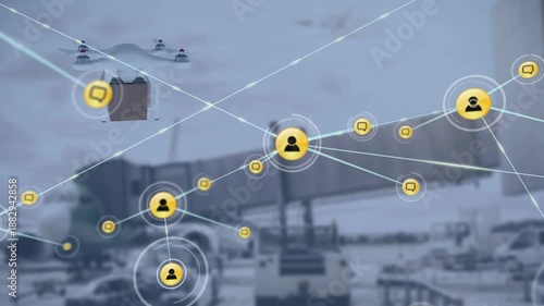 Animation of network of connections with icons over drone and airport