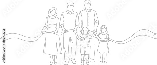 Family group holding a long blank ribbon banner illustration for grand opening ceremony or celebration announcement outline