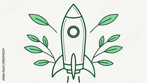 Rocket launching with growing green leaves spaceship