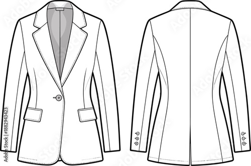 Technical fashion illustration of tailored women’s blazer jacket showing front and back views, detailed line art vector design for apparel production, pattern making, and garment manufacturing