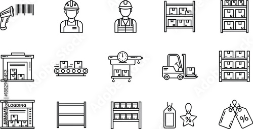 Warehouse and logistics line icon set with workers shelves forklifts inventory storage and shipping management symbols