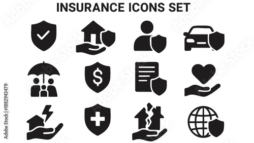 A set of black and white icons representing various insurance concepts