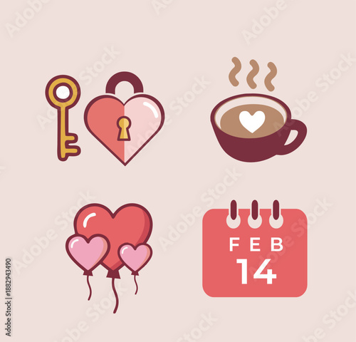Valentine Day Love Icon Set with Romantic Symbols.
Cute Valentine Love Icons in Flat Design Style