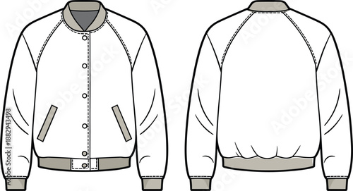 Technical flat sketch of classic bomber jacket front and back view, ribbed collar cuffs hem, zipper pockets, modern outerwear fashion design illustration