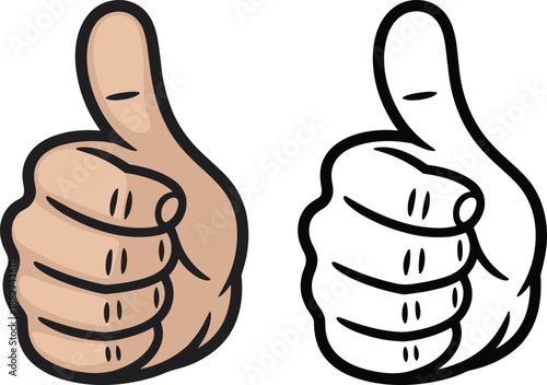 Two thumbs up hand gesture illustrations in colored and outline styles isolated on white background, approval success symbol, like icon, positive feedback concept