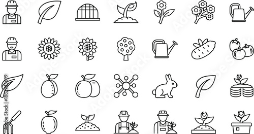 Farming and gardening line icon set with plants tools farmers greenhouse crops and agricultural elements outline style