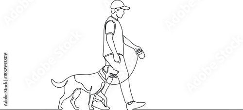 A man walking with a dog on a leash in a simple line drawing style