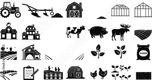 Agriculture and farming icon set with livestock crops barns tractors and rural farm equipment silhouettes illustration