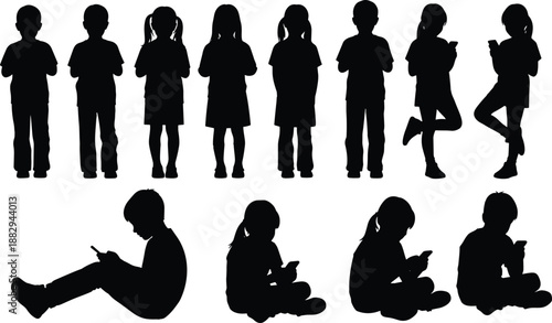 Children using smartphones silhouettes, boys and girls with mobile devices, digital lifestyle concept, modern technology habits, black white illustration, isolated figures