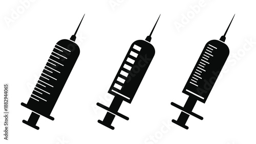 Three black syringe icons on a white background for medical concepts