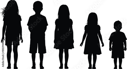 Children silhouettes standing in row, boys and girls different ages, childhood growth concept, kids diversity, black white illustration, isolated figures