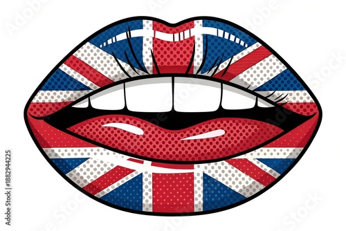 Striking pop art illustration featuring vibrant british union jack flag stylized lips revealing perfect white teeth with halftone dots creating a unique cultural graphic design element.