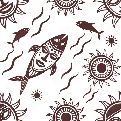 Ethnic tribal seamless pattern with masked fish and sun icons vector illustration for traditional textile and wallpaper design