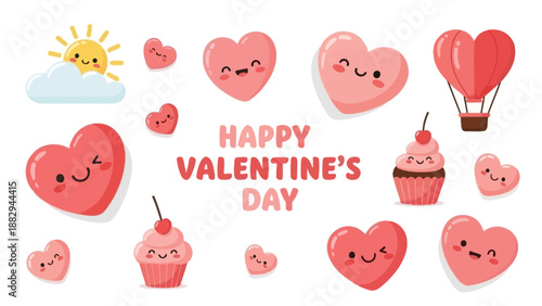 Adorable collection of smiling pink hearts cupcakes sun clouds and a hot air balloon celebrating happy valentine's day occasion