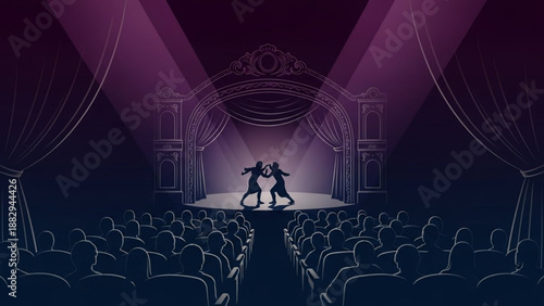 Dancers performing on a lit stage in front of an audience in a theater with purple lighting