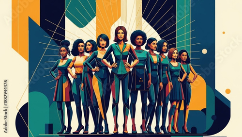 Diverse group of confident women standing together in modern abstract background with vibrant colors and geometric shapes