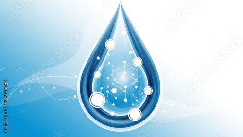 Water droplet with sparkling molecules on gradient blue background