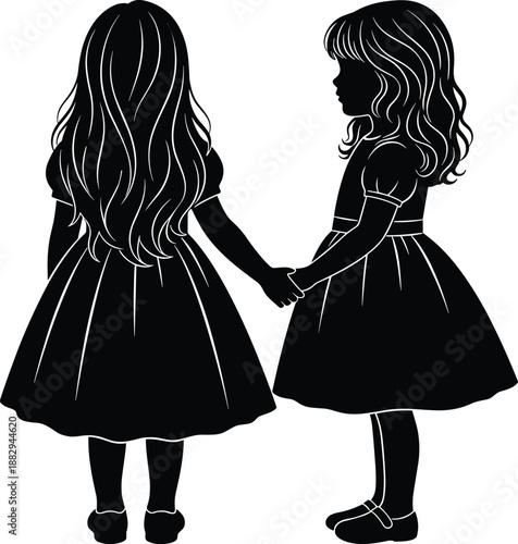 Two little girls holding hands silhouette, childhood friendship concept, innocent bond, kids together, black white illustration, isolated on white background
