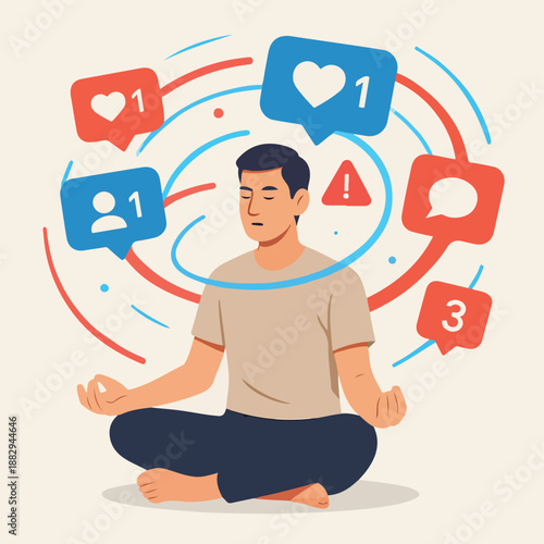 Human Focus vs Digital Distraction Concept With Social Media Overload illustration