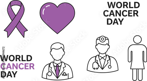 World cancer day awareness icons including purple ribbon heart doctors and patient figures promoting global health campaigns and support initiatives