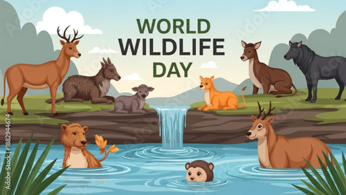 World wildlife day illustration with various animals in natural habitat near water and waterfall