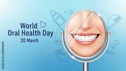 Smiling face in magnifying glass for world oral health day on march 20th with dental care icons
