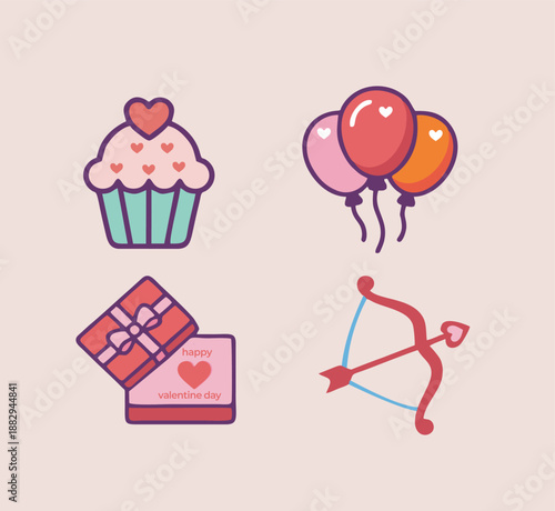 Valentine Day Love Icon Set with Romantic Symbols.Cute Valentine Love Icons in Flat Design Style.gift box and balloons