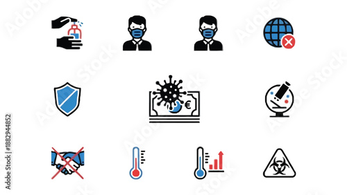 A collection of icons representing COVID-19 pandemic and safety measures