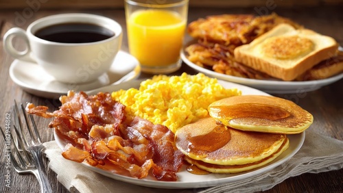 American breakfast with scrambled eggs, crispy bacon, golden pancakes with maple syrup, hash browns, buttered toast, a cup of black coffee, and a glass of orange juice