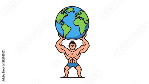 Powerful muscular man lifting a large globe above his head, symbolizing global responsibility, immense strength, and the weight of the world on one's shoulders