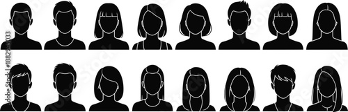 Diverse human avatar silhouettes collection representing male and female profile icons for user interface design, identity, community, diversity concepts