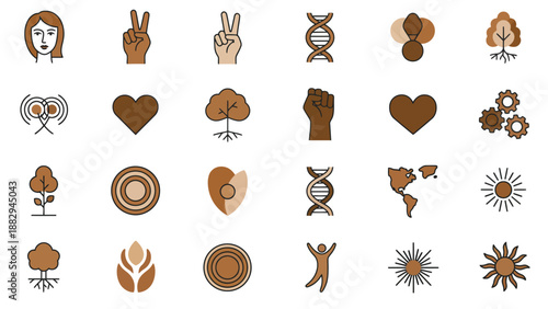 A collection of brown icons representing love, nature, and humanity on a white background