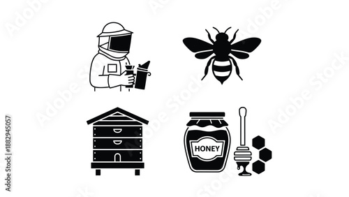A beekeeper in protective gear holding a smoker near a honeycomb and bee.