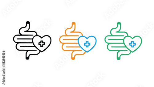 A set of colorful icons representing a healthy digestive system with a heart