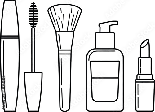 Black and white line drawing of various makeup products