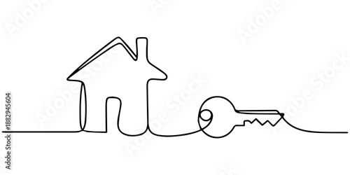 Elegant continuous line drawing of keys and house symbolizing home ownership and security vector, Continuous one line art drawing symbol of house keys, Single Line Vector Illustration, Real Estate