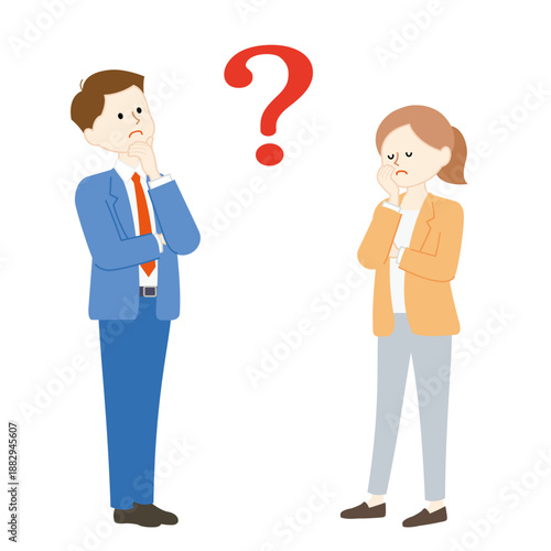 大きなクエスチョンマークを挟んで立つ男女のビジネスイラスト