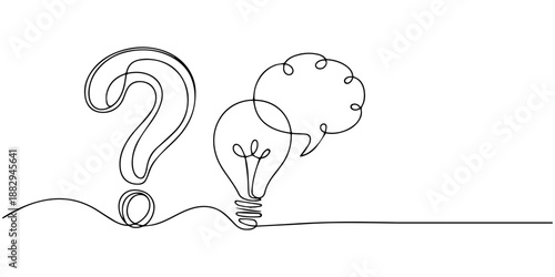 light bulb and speech bubbles continuous one line drawing, Hand drawn one line vector. Quick tips. Continuous one line drawing of question mark, light bulb and speech bubbles. Trendy line art vector