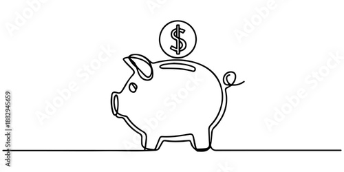 One continuous line drawing of piggy bank, One continuous line drawing of piggy bank with dollar coin. Safe money symbol and business finance concept in simple linear style. Editable stroke. Doodle