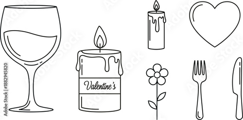 Collection of line art icons representing elements for a romantic candlelit dinner date celebrating love and Valentine's Day celebration