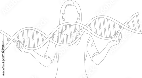 Woman holding a large double helix structure representing genetics science biology research and personalized health care concepts