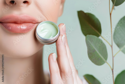 Wallpaper Mural A person gently applies green lip balm from a metal tin to their lips. The setting features a light, eco-friendly background with a leafy plant, reflecting a minimalist lifestyle Torontodigital.ca