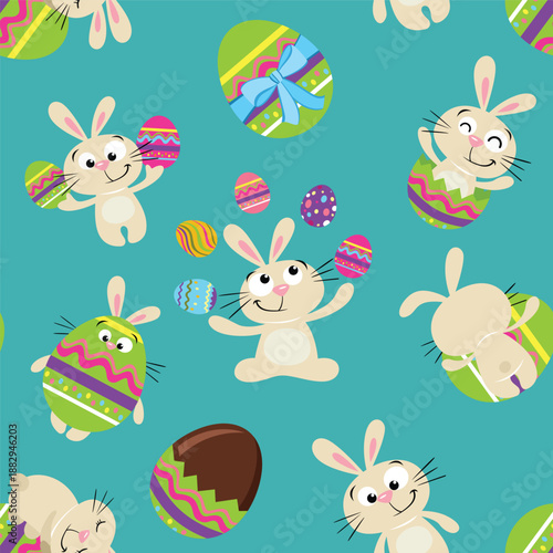 Cheerful Easter Bunnies and Colorful Eggs Seamless Pattern
