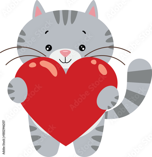 Adorable Grey Tabby Cat Holding A Large Red Heart