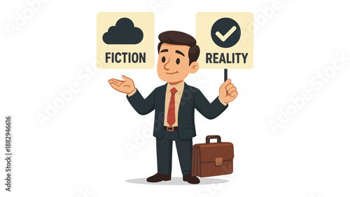 A cartoon businessman in a suit holding signs for fiction and reality