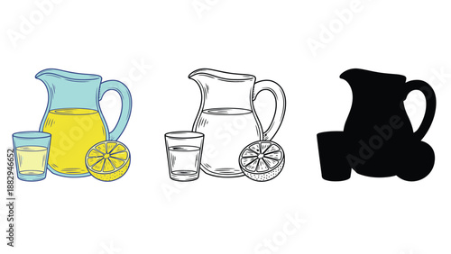 An illustration of three different colored jugs with glasses and lemons on a white background