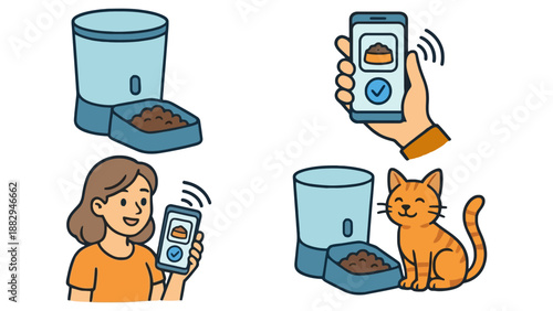 A cartoon illustration of a smart automated cat feeder with a mobile app control